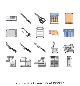 butcher food meat beef icons set vector. butchery restaurant, retro cut, vintage shop, steak farm, knife pork, menu market butcher food meat beef color line illustrations