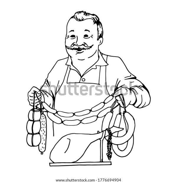 Butcher Full Mustachioed Man Holds His Stock Vector (Royalty Free ...