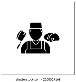 Butcher Glyph Icon. Man Works With Meat. Slaughter Animals, Dress Flesh, Sell Meat. Important Job. Special Uniform. Professions Concept. Filled Flat Sign. Isolated Silhouette Vector Illustration 