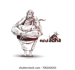 Butcher hand holding goat, Poster for the Sacrifice Feast "eid-al-adha". Hand drawn vector illustration.
