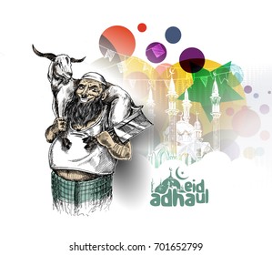 Butcher hand holding goat, Poster for the Sacrifice Feast "eid-al-adha". Hand drawn vector illustration.