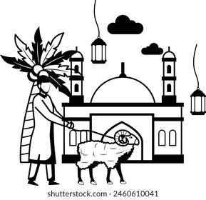 Butcher Holding Lamb Rope Vector Icon Design, Eid al-Azha or Eid ul Kabir Symbol, Hajj Sign, Muslims religious Festival Stock illustration, Man Bringing Goat to Community Center Concept