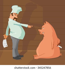 Butcher holding meat cleaver knife and pig with folding razor. Pig is not going to give up