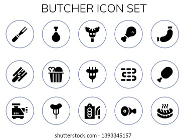 butcher icon set. 15 filled butcher icons.  Simple modern icons about  - Meat, Cutting board, Chicken, Sausage, Sausages, Meat grinder