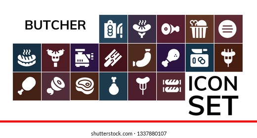 butcher icon set. 19 filled butcher icons.  Collection Of - Cutting board, Sausage, Meat, Chicken, Meat grinder, Chop