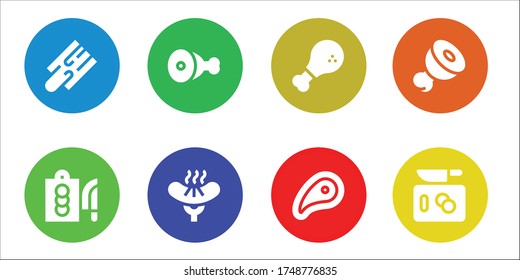 butcher icon set. 8 filled butcher icons. Included Cutting board, Meat, Sausage, Chicken, Chop icons