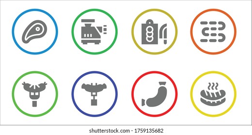 butcher icon set. 8 filled butcher icons.  Simple modern icons such as: Meat, Sausage, Meat grinder, Cutting board, Sausages