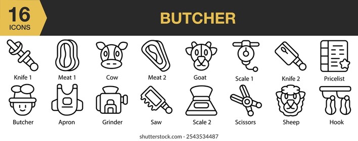 Conjunto de ícones do açougueiro. Inclui faca, carne, ovelha, tesoura, escala, serra, lista de preços. e Mais. Contornar coleção de vetores de ícones.