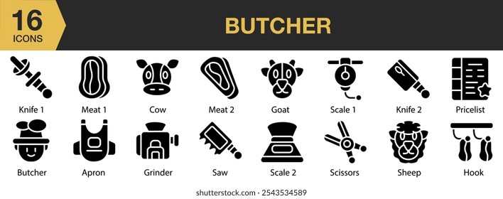 Conjunto de ícones do açougueiro. Inclui faca, carne, ovelha, tesoura, escala, serra, lista de preços. e Mais. Coleção vetorial de ícones sólidos.