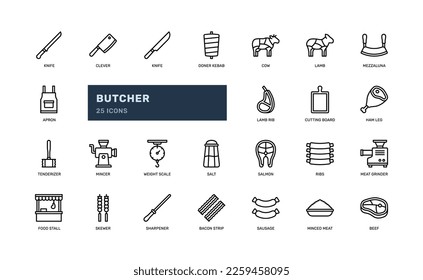 Butcher icons set featuring detailed outline illustrations of meat cuts, knives, cleavers, scales, and other butcher tools. Perfect for food, restaurant, and culinary websites, recipes, and menus