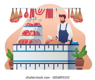 Butcher Illustration, Slaughter Kinds of Meats and Sell it in the Market. This illustration can be use for website, landing page, web, app, and banner.