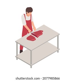 Butcher isometric composition with character of male butcher with knife cutting piece of meat on table vector illustration