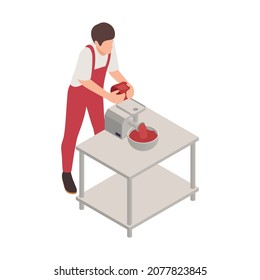 Butcher isometric composition with isolated character of butcher putting meat into mincing machine vector illustration