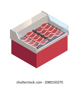 Butcher isometric composition with isolated image of cabinet with steaks of ripe meat vector illustration