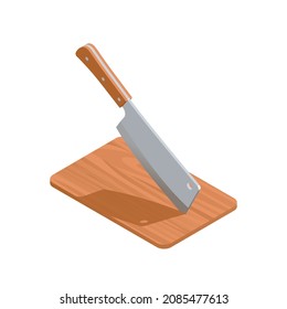 Butcher isometric composition with isolated image of wooden board with knife vector illustration