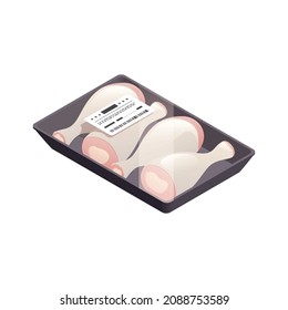 Butcher isometric composition with isolated image of cooled meat pack with barcode sticker tag vector illustration