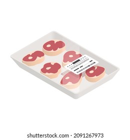 Butcher isometric composition with isolated pack of butcher steaks with barcode sticker vector illustration