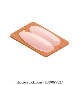 Butcher isometric composition with two pieces of meat fillet lying on wooden board vector illustration