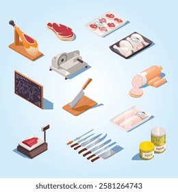 butcher isometric infographic flowchart with with chicken filet beef cuts ham steak meat slicer knives