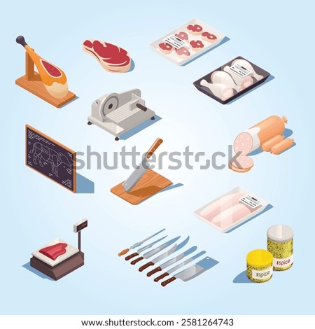butcher isometric infographic flowchart with with chicken filet beef cuts ham steak meat slicer knives