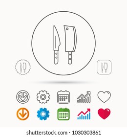 Butcher and kitchen knives icon. Chef tools symbol. Calendar, Graph chart and Cogwheel signs. Download and Heart love linear web icons. Vector