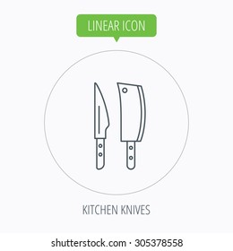 Butcher and kitchen knives icon. Chef tools symbol. Linear outline circle button. Vector