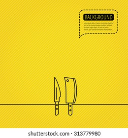 Butcher and kitchen knives icon. Chef tools symbol. Speech bubble of dotted line. Orange background. Vector