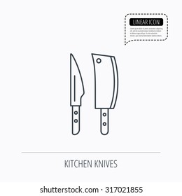 Butcher and kitchen knives icon. Chef tools symbol. Linear outline icon. Speech bubble of dotted line. Vector