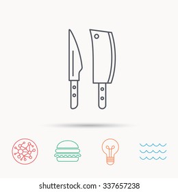 Butcher and kitchen knives icon. Chef tools symbol. Global connect network, ocean wave and burger icons. Lightbulb lamp symbol.