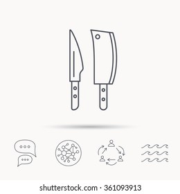 Butcher and kitchen knives icon. Chef tools symbol. Global connect network, ocean wave and chat dialog icons. Teamwork symbol.