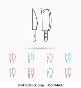 Butcher and kitchen knives icon. Chef tools symbol. Linear icons on white background.