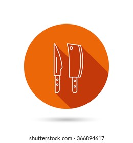 Butcher and kitchen knives icon. Chef tools symbol. Round orange web button with shadow.