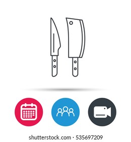 Butcher and kitchen knives icon. Chef tools symbol. Group of people, video cam and calendar icons. Vector
