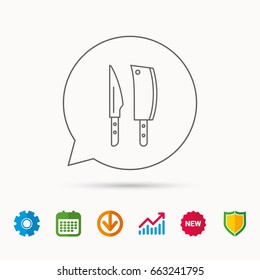 Butcher and kitchen knives icon. Chef tools symbol. Calendar, Graph chart and Cogwheel signs. Download and Shield web icons. Vector