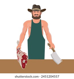 Butcher with knife and chopped leg of lamb. Farmer or vendor sells his fresh meat products. Butchery shop icon. Vector illustration isolated on a white background