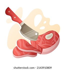 Butcher knife cut steak cartoon vector illustration. Cutting meat, bacon or ham, beef or pork.