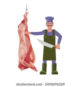 El carnicero con un cuchillo corta un cadáver de carne. Icono de la carnicería. Ilustración vectorial aislada sobre un fondo blanco