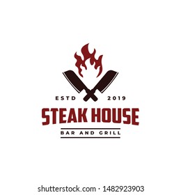 Butcher knife and fire logo icon, Vintage Retro Cafe Bar Steak House logo template on white background
