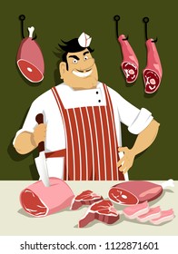 Butcher with a knife in front of a counter with meat on it, EPS 8 vector illustration
