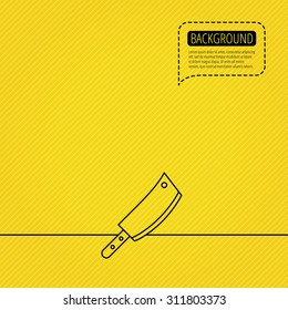 Butcher knife icon. Kitchen chef tool sign. Speech bubble of dotted line. Orange background. Vector