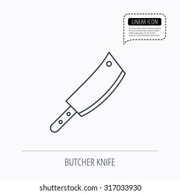 Butcher knife icon. Kitchen chef tool sign. Linear outline icon. Speech bubble of dotted line. Vector