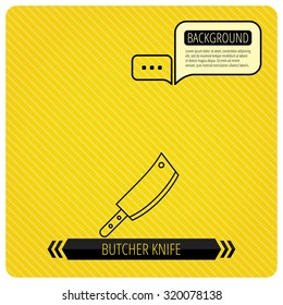 Butcher knife icon. Kitchen chef tool sign. Chat speech bubbles. Orange line background. Vector