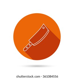 Butcher knife icon. Kitchen chef tool sign. Round orange web button with shadow.
