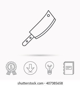Butcher knife icon. Kitchen chef tool sign. Download arrow, lamp, learn book and award medal icons.