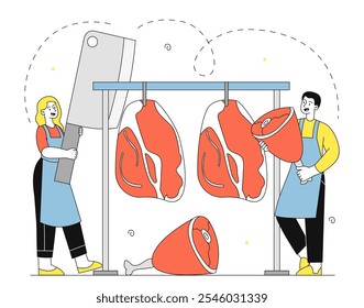 Açougueiro com faca. Homem e mulher de uniforme com faca grande perto da carne. Produtos frescos e biológicos. Alimentos congelados. Carne de bovino, carne de suíno ou frango. Ilustração de vetor linear isolada no plano de fundo branco