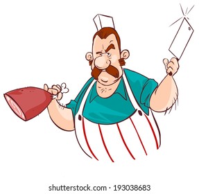 Butcher with knife and meat. Vector illustration