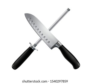 Butcher knife and sharpening chef steel stainless with black handles crossed close up realistic image vector illustration 