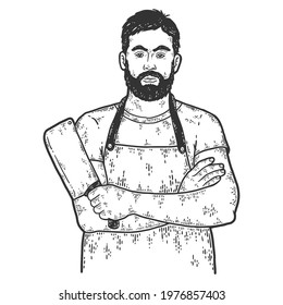 Butcher with knife sketch style vector illustration. Old hand.