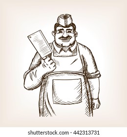 Butcher with knife sketch style vector illustration. Old hand drawn engraving imitation.