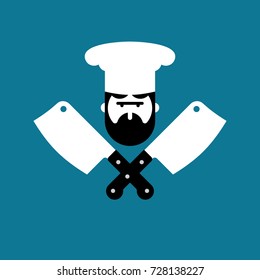 Butcher logo. Chef and knife for meat. Steak House Label. Butcher knife. Sign for restaurant or butchers shop. Vector illustration
